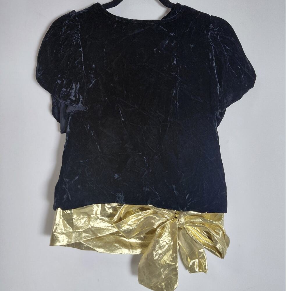 Vintage marcia Velvet Top Black Gold Bow Solid Short Sleeve Size T10